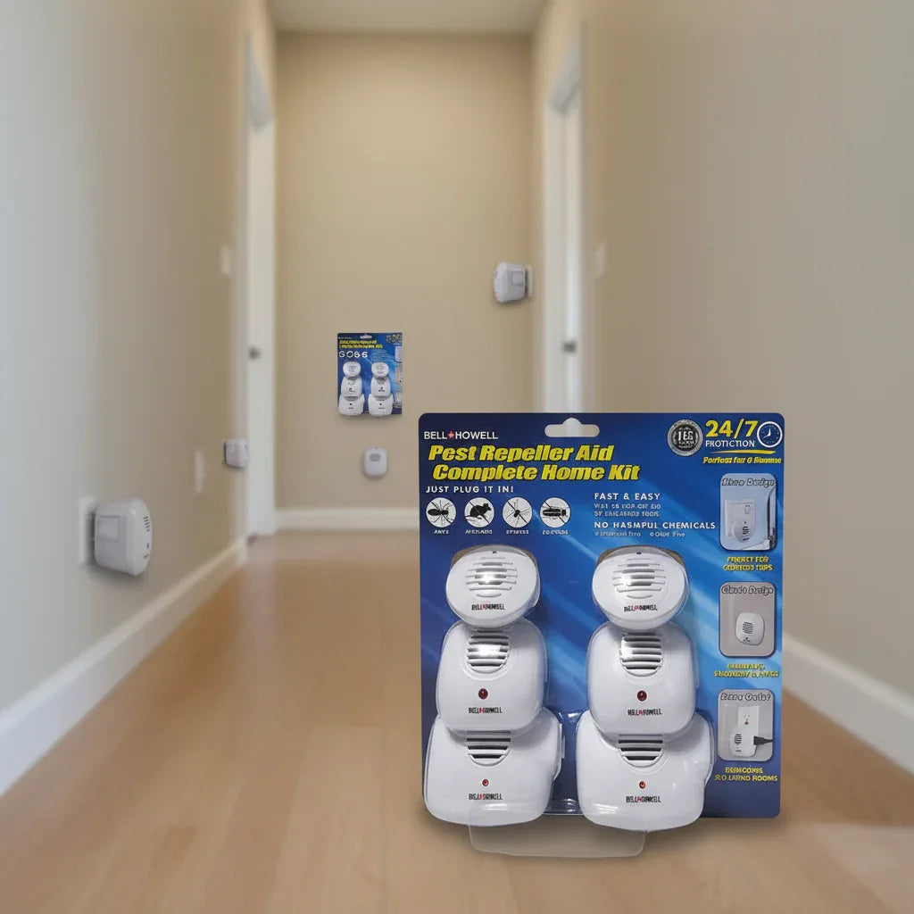 Bell+Howell Pest Repeller Aid installed in home hallway or basement wall outlet for multi-room pest protection.