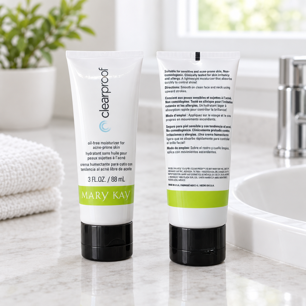 Two Mary Kay Clear Proof Oil-Free Moisturizer tubes beside a plain white sink