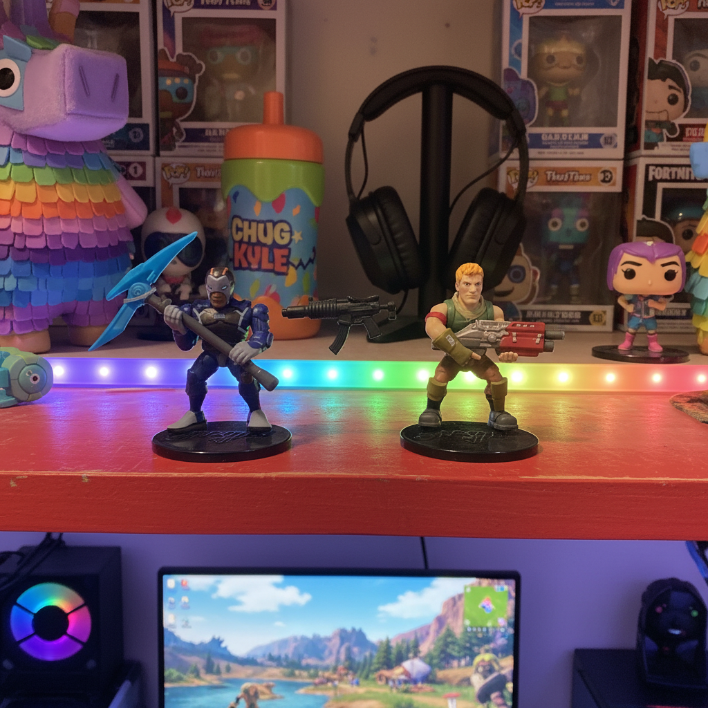 Fortnite Battle Royale Collection Sergeant Jonesy and Carbide mini figures on display stands on bedroom shelf with gaming collectibles