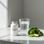 Clean wellness tabletop with white supplement bottle, glass of water, and fresh green vegetables on granite countertop