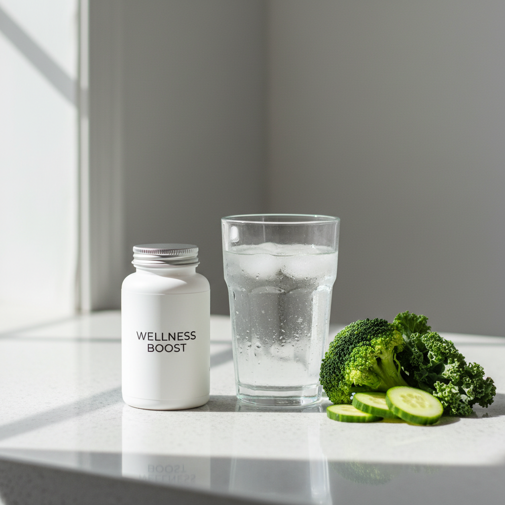 Clean wellness tabletop with white supplement bottle, glass of water, and fresh green vegetables on granite countertop