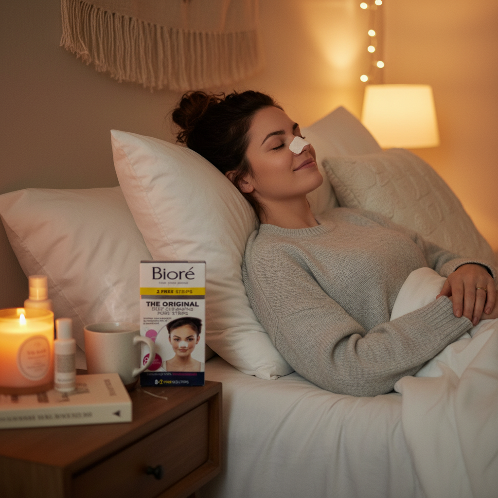 Woman relaxing with pore strip on nose during self-care Sunday routine, cozy bedroom with candles