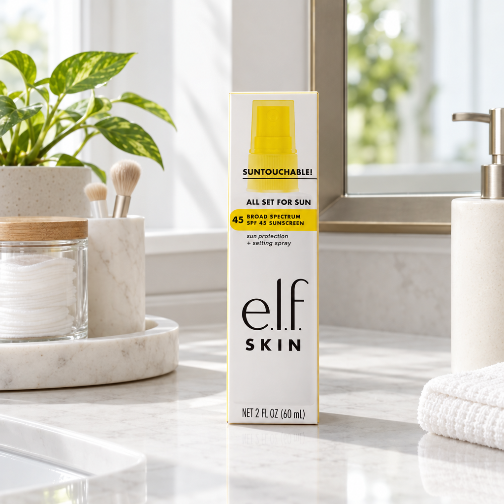 e.l.f. SKIN Suntouchable All Set For Sun SPF 45 box on a bathroom vanity counter