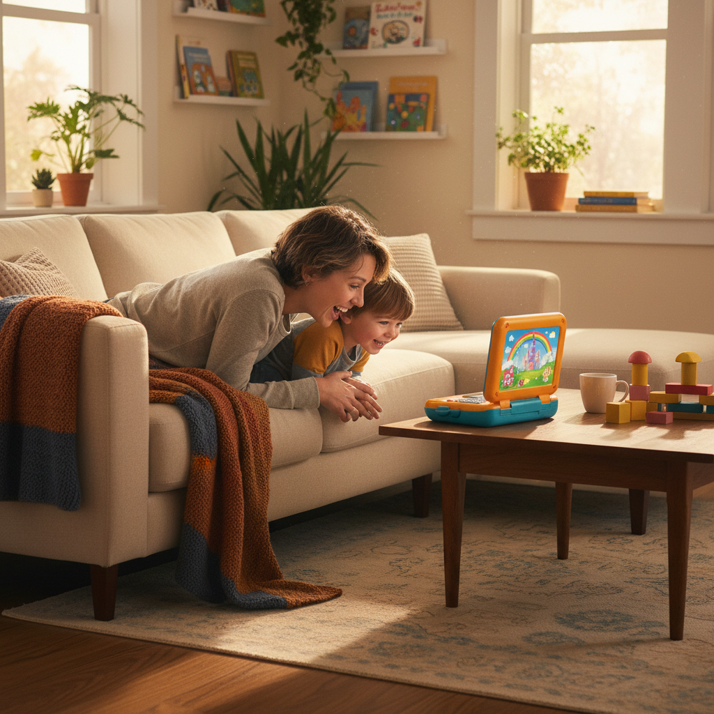Parent and young child sitting together on a couch looking at a colorful toy laptop screen