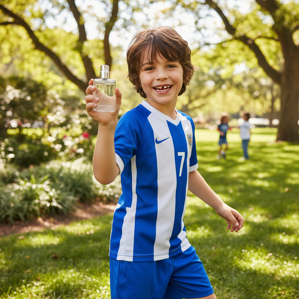 Lifestyle image — young boy in soccer jersey holding fragrance spray bottle in bright outdoor park, kids lifestyle photography for visual context only