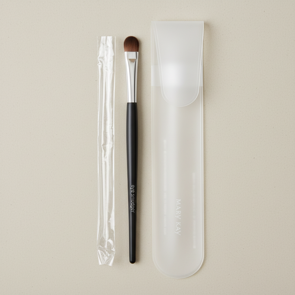 Mary Kay Eye Smudger Brush with clear sleeve and frosted storage pouch in a flat lay