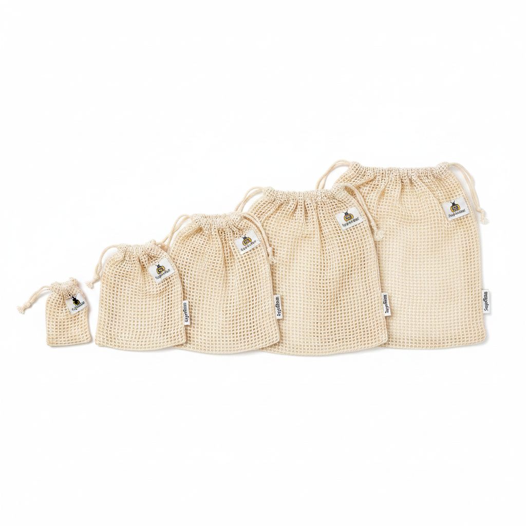 SuperBee organic cotton mesh produce bags set of 5 in graduated sizes XS through XL arranged on white background
