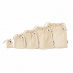 SuperBee organic cotton mesh produce bags set of 5 in graduated sizes XS through XL arranged on white background