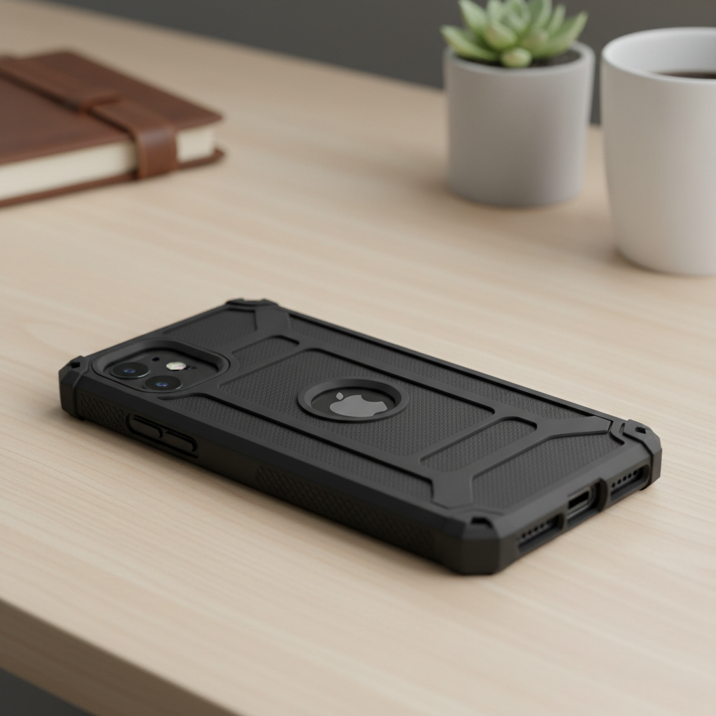iPhone 11 inside OtterBox Defender Series black rugged case showing textured back design and raised edges