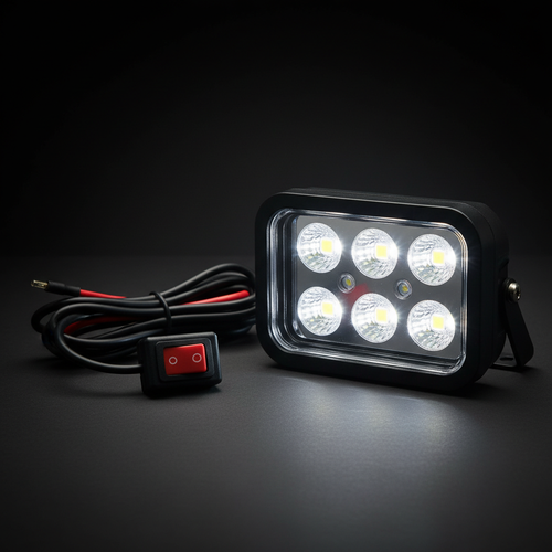 Alpena Spot Ranger rectangular LED accent light pod close-up 6 LEDs polycarbonate lens toggle switch wiring harness dark studio - More4less Outlet