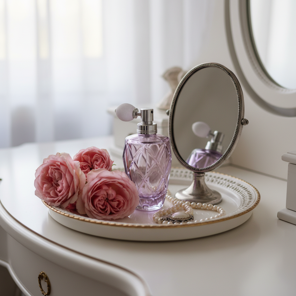 Lifestyle — purple perfume spray bottle on white vanity tray beside pink roses, pearl necklace, and vintage hand mirror, soft feminine morning light — editorial for visual context only