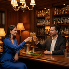 Two people toasting with tall elegant crystal longdrink glasses in a warmly lit home bar