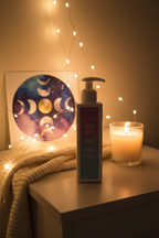 Pacifica Dream Moon Body Lotion on nightstand with moon phase print candle and fairy lights