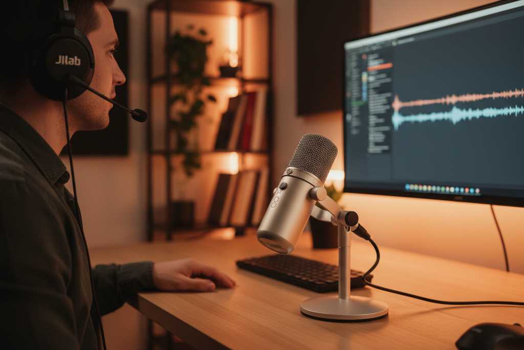 JLab GO Talk USB Microphone on a podcast studio desk setup — compact condenser mic for voiceover and recording — More4less Outlet