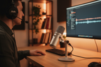 JLab GO Talk USB Microphone on a podcast studio desk setup — compact condenser mic for voiceover and recording — More4less Outlet