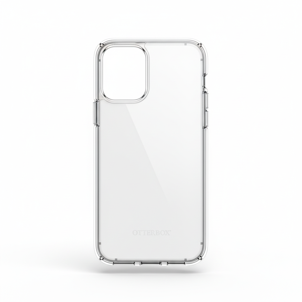Clean studio shot of transparent clear OtterBox Symmetry Series phone case on white background showing slim one-piece design
