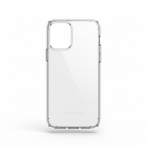 Clean studio shot of transparent clear OtterBox Symmetry Series phone case on white background showing slim one-piece design
