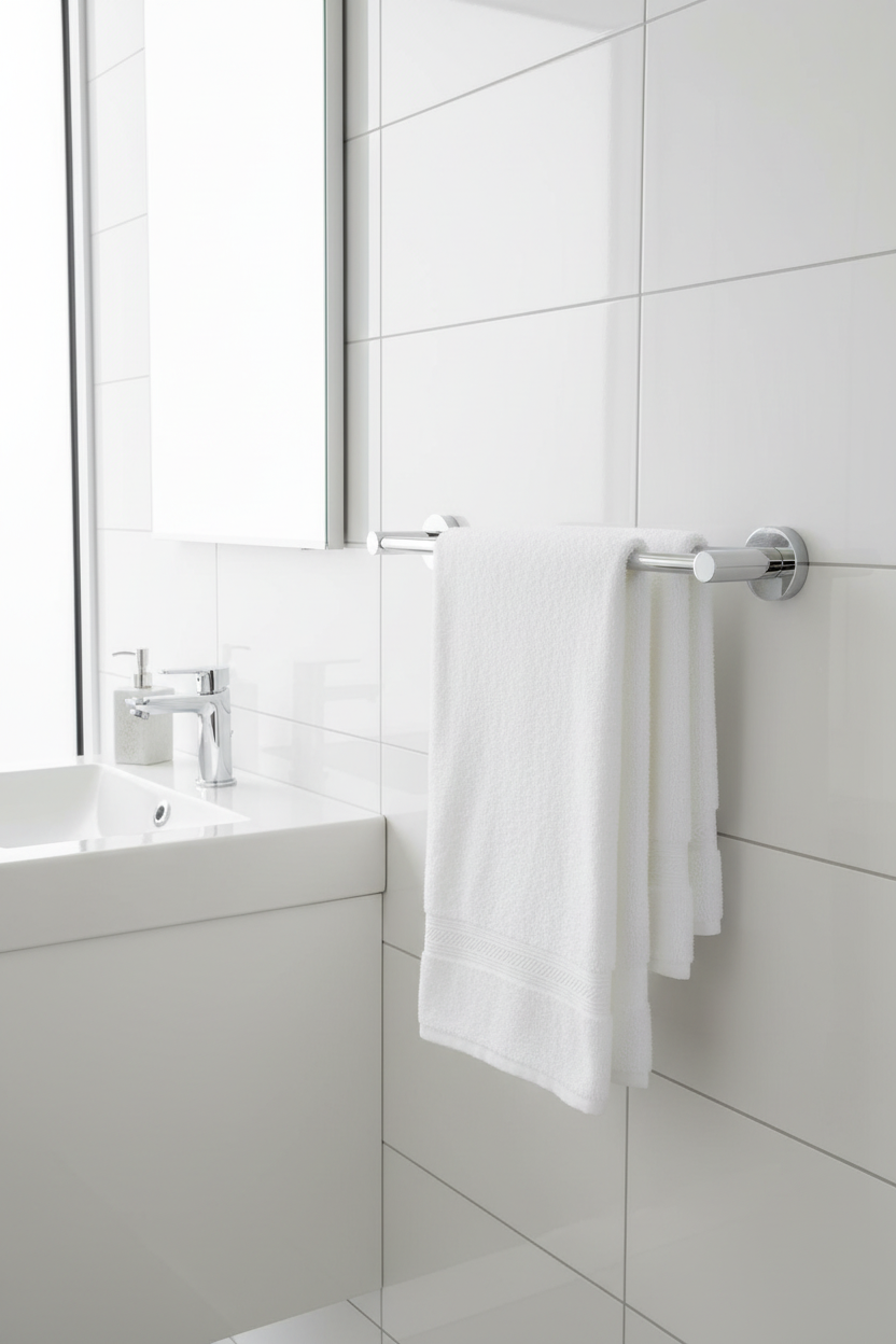 Grohe Essentials polished chrome 2-arm swivel towel bar with white fluffy towels mounted next to modern bathroom sink