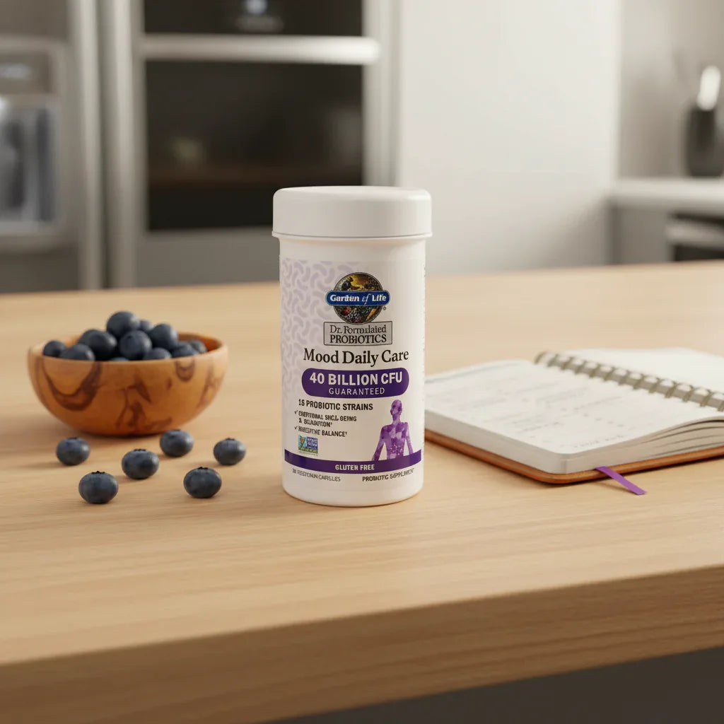 Garden of Life Mood Daily Care Probiotics bottle on light-wood kitchen breakfast island with wooden bowl of organic blueberries and wellness planner