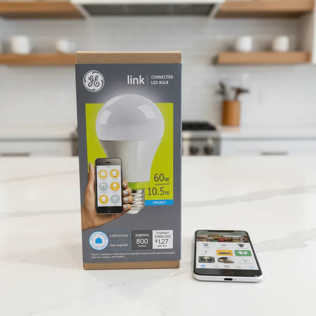 GE Link A19 Connected LED Bulb box on white quartz kitchen island next to smartphone displaying smart home app interface