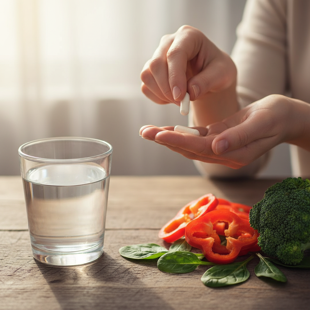 Close-up of hands holding two white digestive enzyme capsules over a wooden table with a glass of water and fresh vegetables