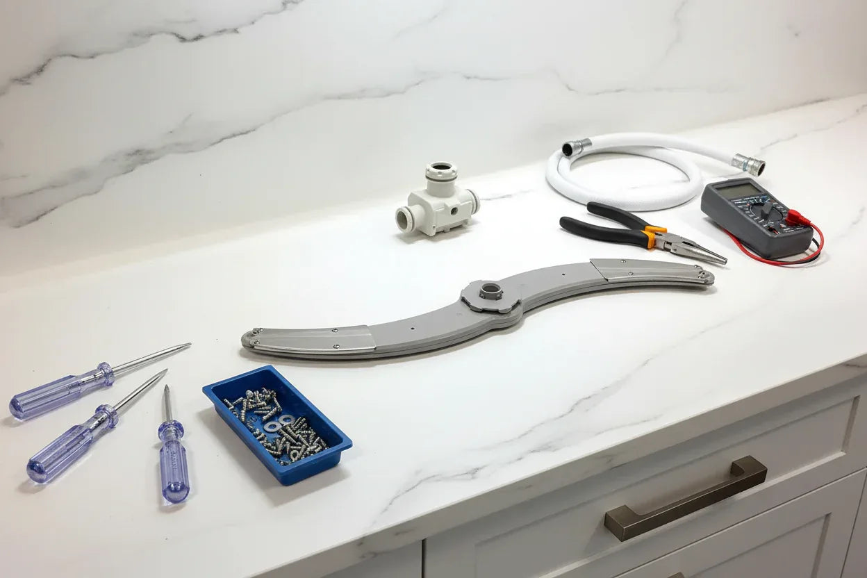 Brightly lit kitchen counter featuring tools and OEM appliance parts