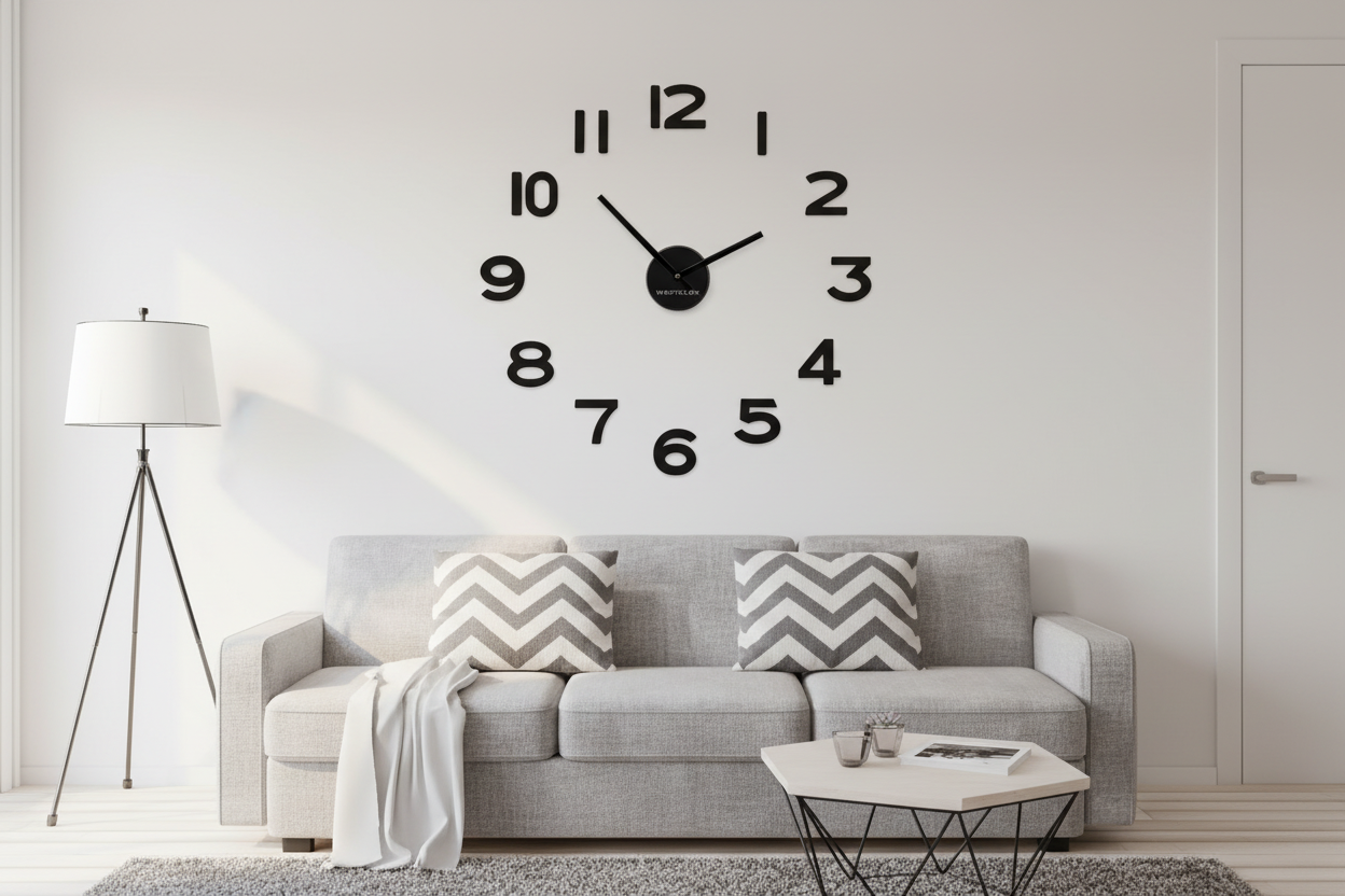 Westclox 20-inch floating wall clock installed on white living room wall above modern grey sofa