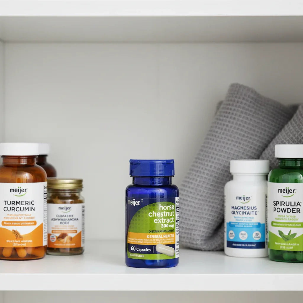 Meijer Horse Chestnut Extract 300mg bottle in white medicine cabinet with clean-label supplements and gray cotton towel
