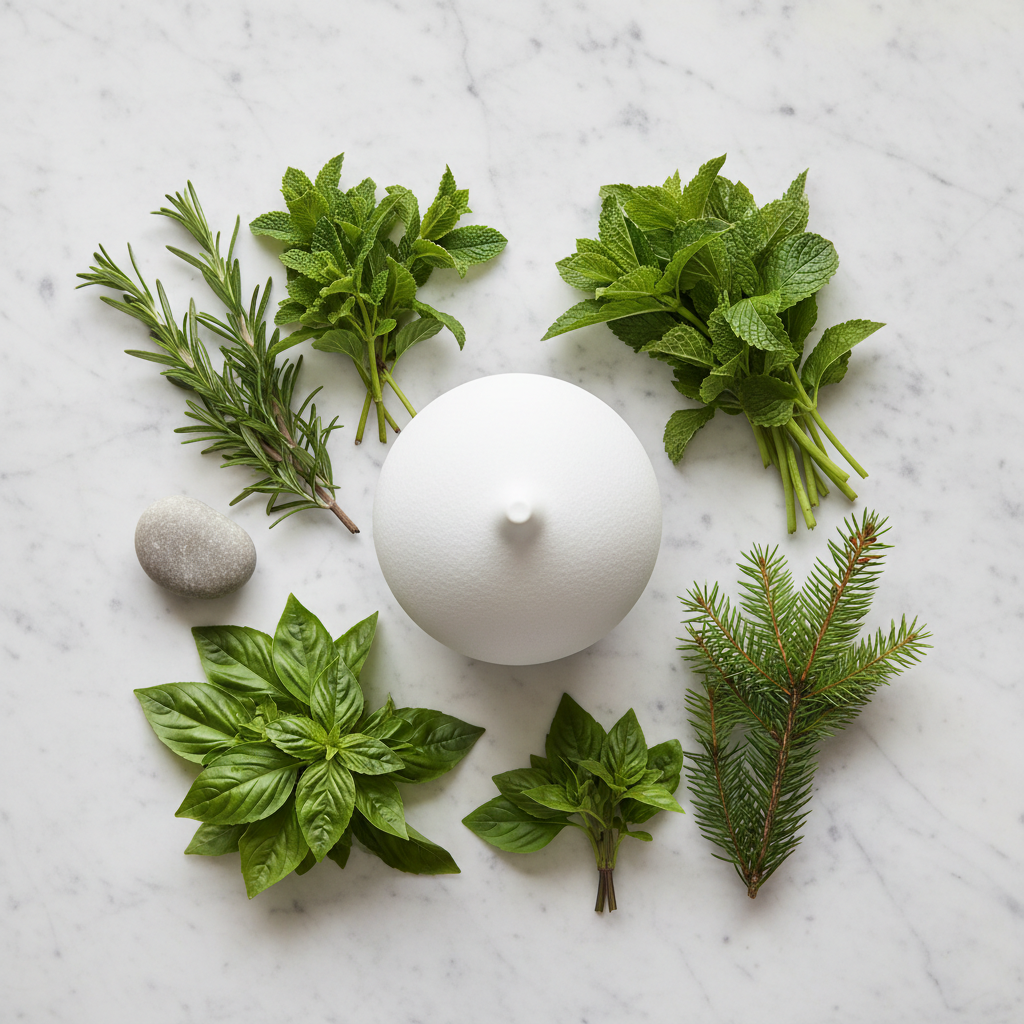 Flat-lay herbal aromatherapy setup with rosemary cornmint basil fir needle branches ceramic diffuser and river stones on white marble