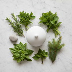 Flat-lay herbal aromatherapy setup with rosemary cornmint basil fir needle branches ceramic diffuser and river stones on white marble