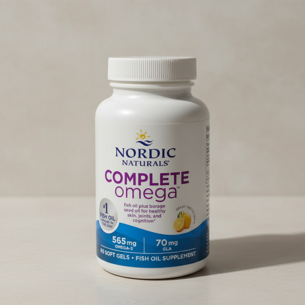 AI-generated contextual image of Nordic Naturals Complete Omega lemon supplement bottle at a three-quarter angle on a neutral surface