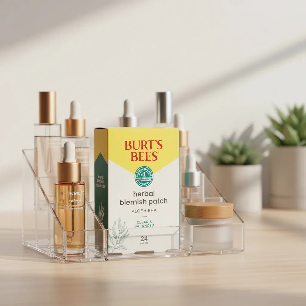 Burt's Bees Herbal Blemish Patch box in acrylic clean beauty makeup organizer with glass cosmetic droppers and soft lighting