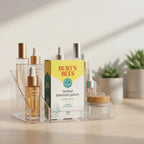 Burt's Bees Herbal Blemish Patch box in acrylic clean beauty makeup organizer with glass cosmetic droppers and soft lighting