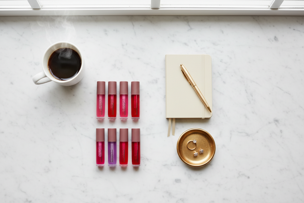 Manna Kadar pH Balance Lip Oil Set minimalist morning beauty routine flat lay marble — More4less Outlet