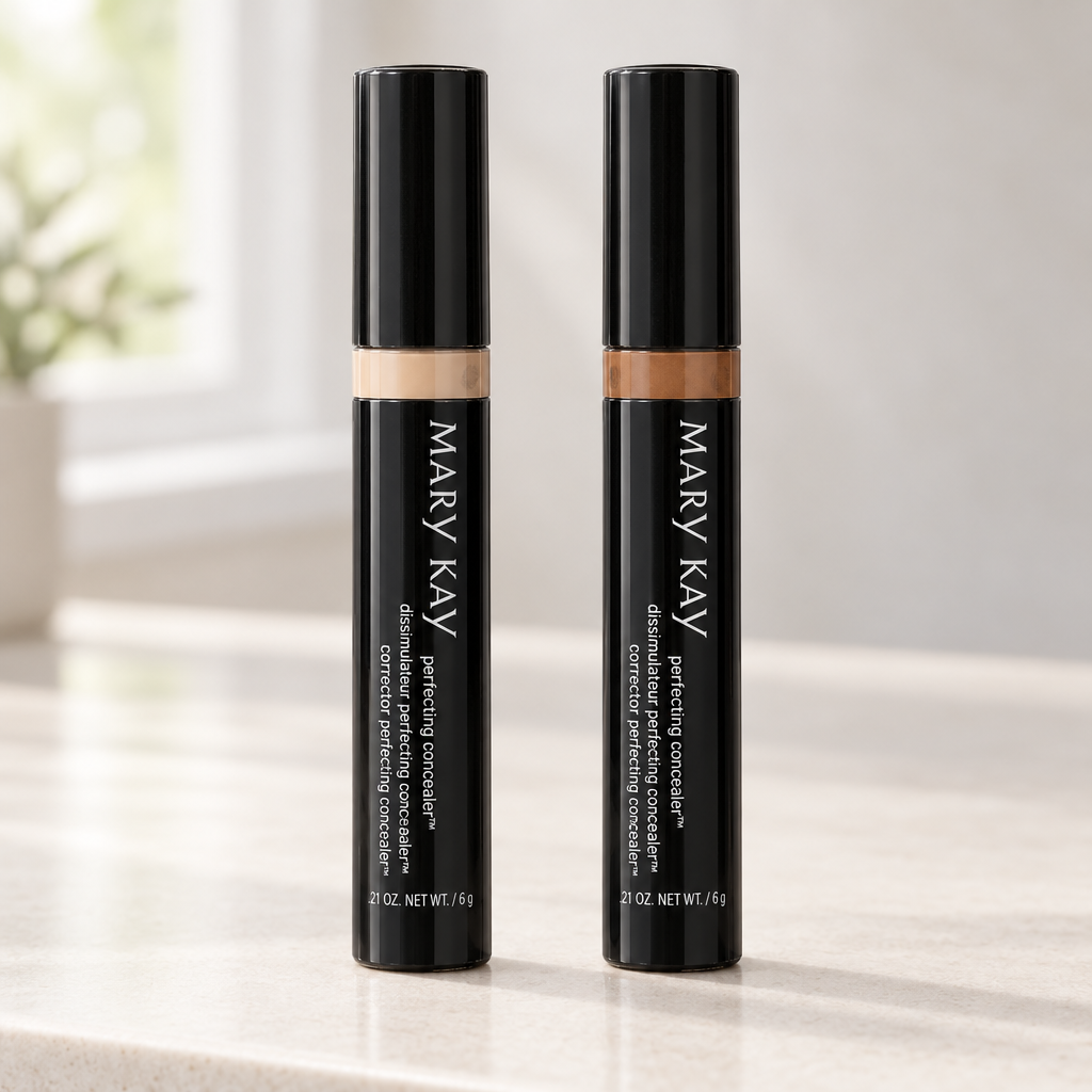 Mary Kay Perfecting Concealer tubes in Deep Ivory and Deep Bronze on a softly lit vanity