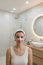 AI-generated bathroom use context image of a person wearing a blue nose strip.
