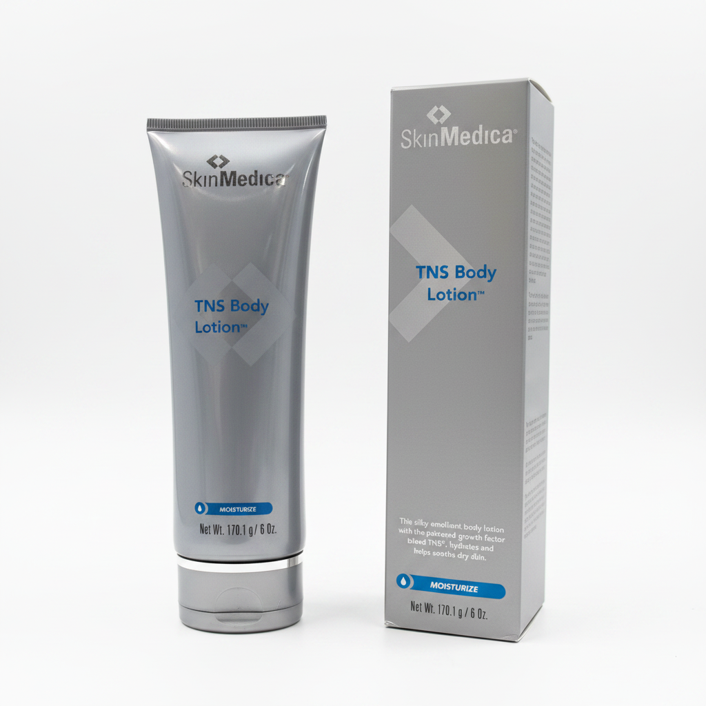 SkinMedica TNS Body Lotion 6 oz silver-grey tube and carton close-up detail on white studio background