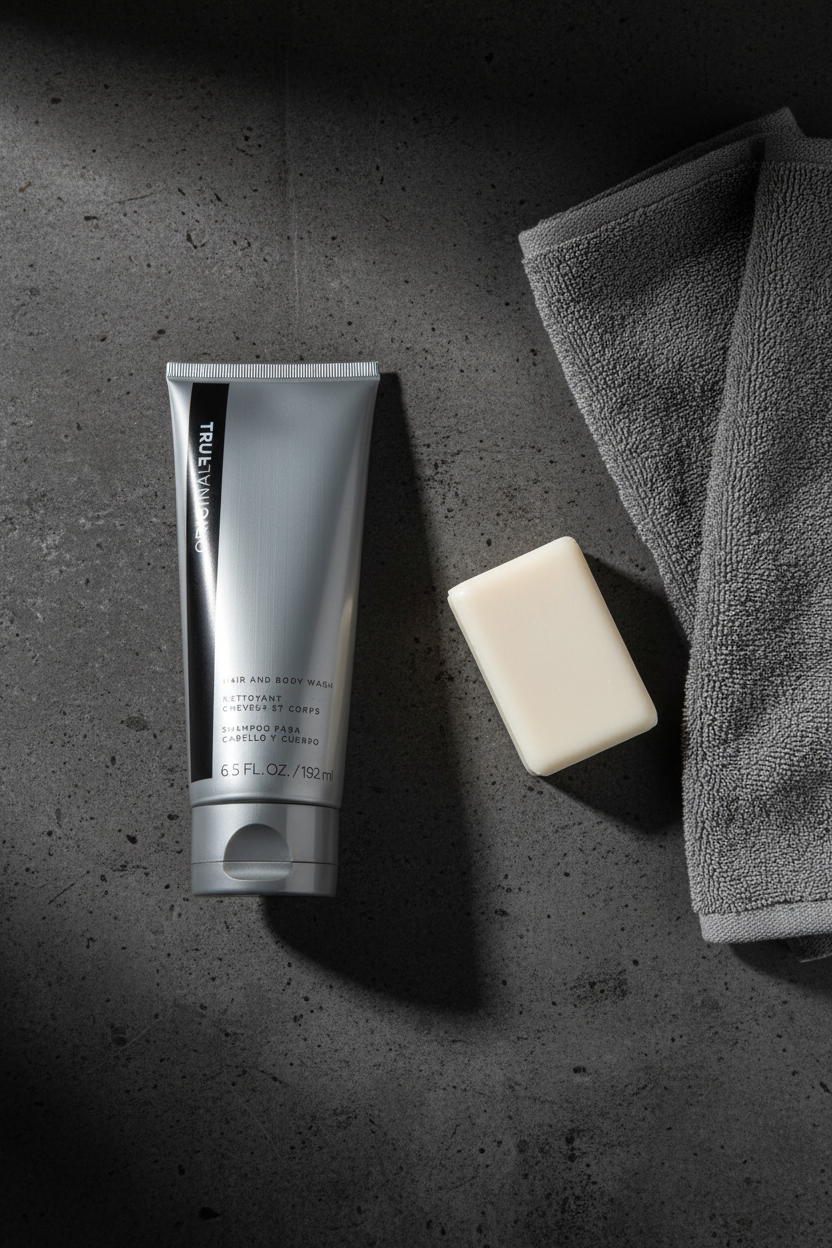 Mary Kay True Original Hair and Body Wash 6.5 fl oz flat lay on concrete with grey towel – More4less Outlet