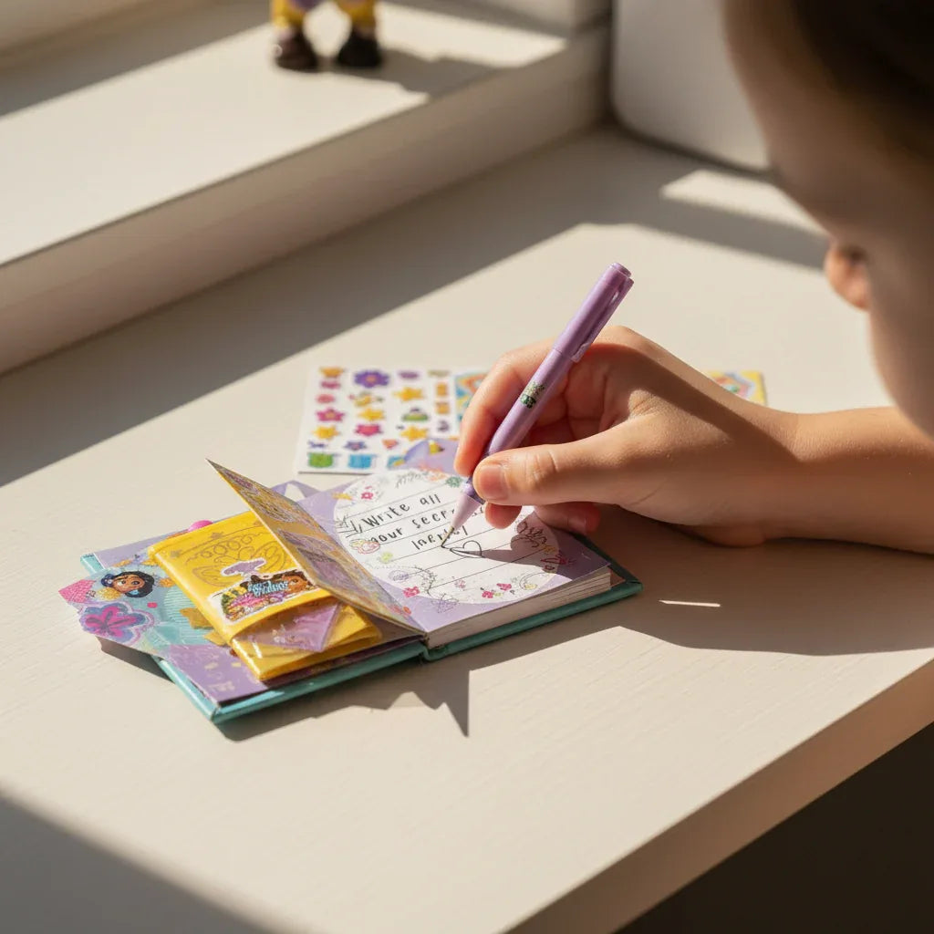 Child's hand using micro pen to write in open Disney Encanto Real Littles journal, demonstrating tiny scale and functionality.