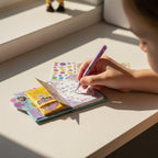 Child's hand using micro pen to write in open Disney Encanto Real Littles journal, demonstrating tiny scale and functionality.