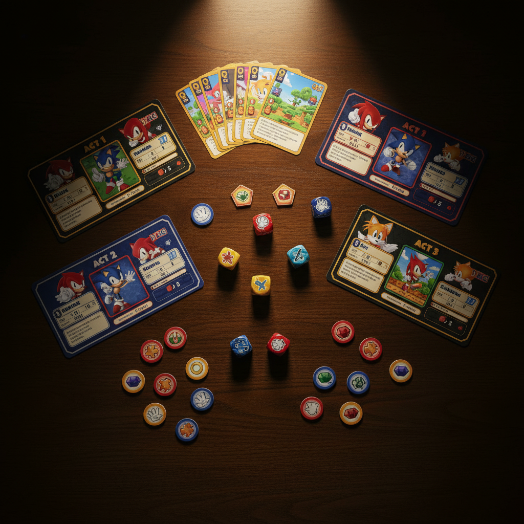 Sonic Roll board game components spread out on a dark wooden table — character dashboards, zone cards, custom acrylic action dice, cardboard tokens, and act boards — dramatic overhead flat-lay with warm spotlight lighting
