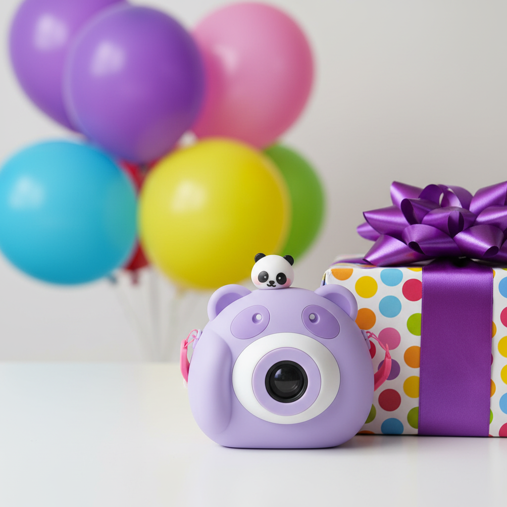Vivitar Kids Tech Kidzcam Camcorder purple panda displayed as birthday gift beside wrapped present and colorful balloons