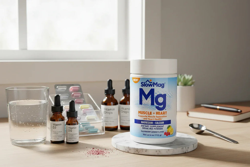 SlowMag Mg powder jar on organized morning wellness station with vitamins and ceramic coaster