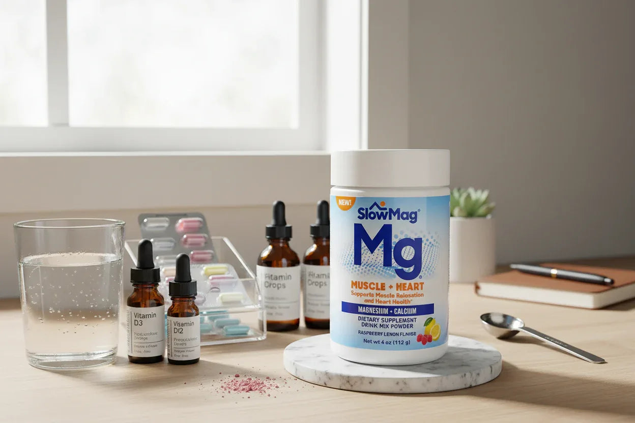 SlowMag Mg powder jar on organized morning wellness station with vitamins and ceramic coaster