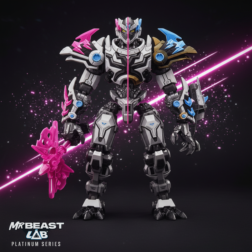 MrBeast Lab Tiger Battle Titan action figure dark editorial with neon pink and silver light streaks – More4less Outlet