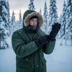 Man adjusting Heat Holders black thermal glove wrist strap in snowy forest — More4less Outlet