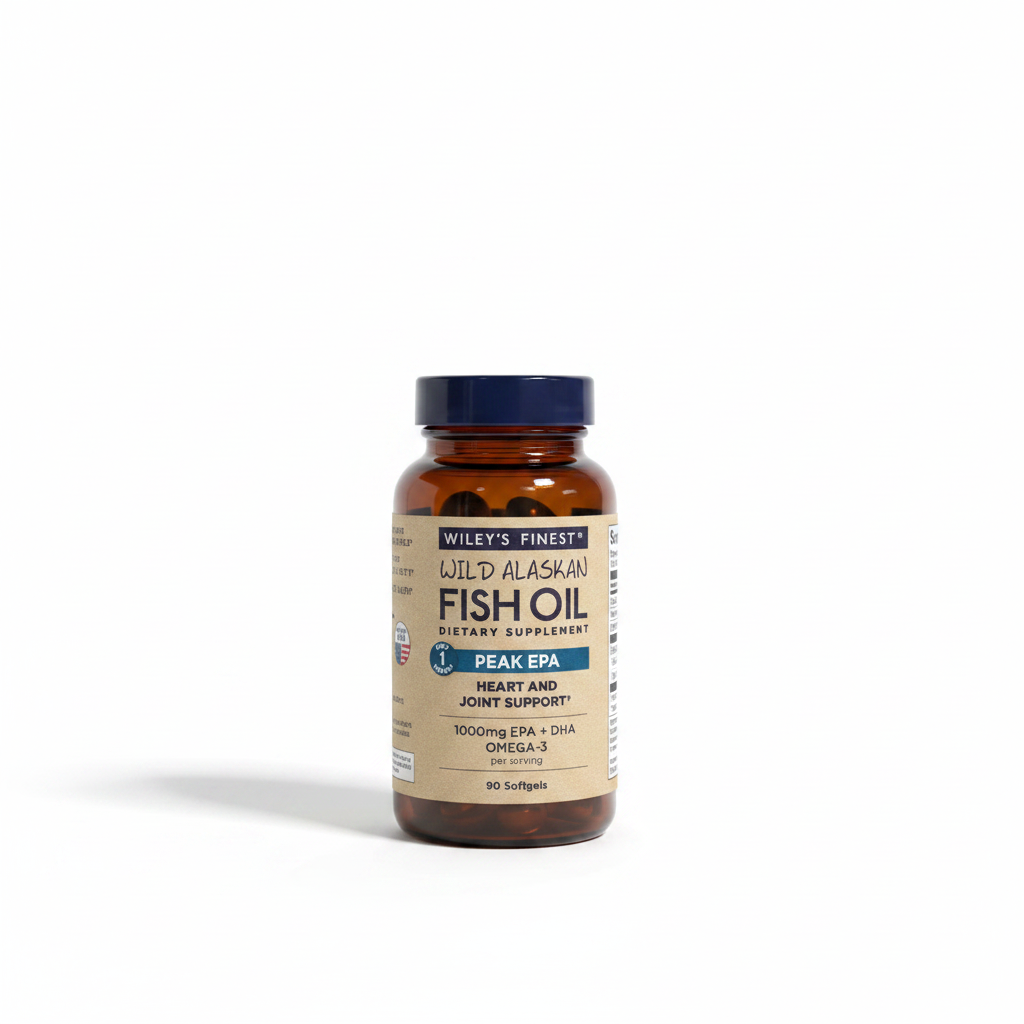 Lifestyle context image of Wiley's Finest Wild Alaskan Fish Oil Peak EPA 90 softgels (AI-generated for visual illustration only) – white surface minimalist supplement photography – More4less Outlet