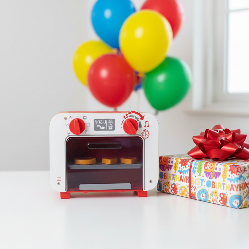 Hape My Baking Oven red white wooden toy displayed as birthday gift beside wrapped present with red bow and colorful balloons