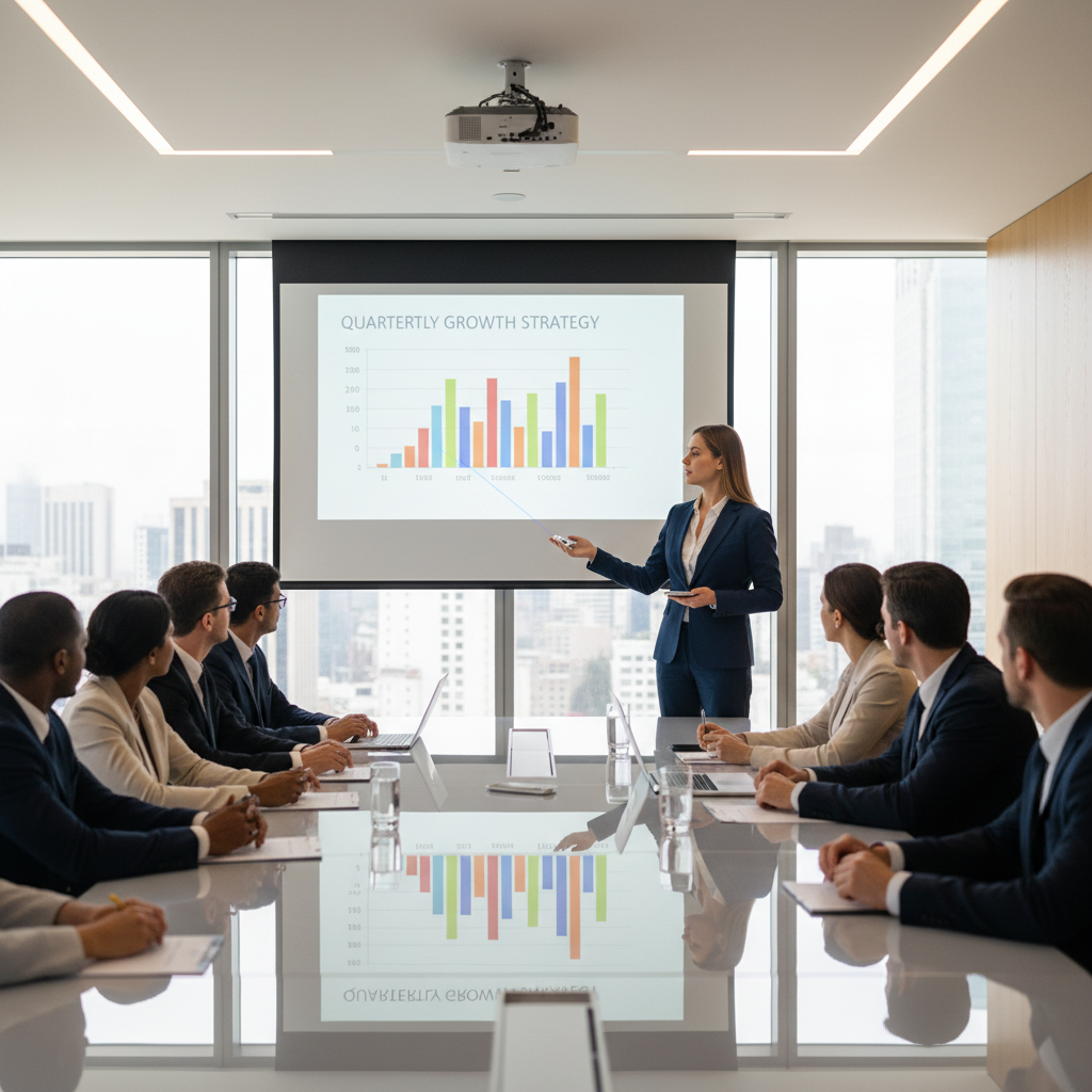 Business professional holding silver wireless presentation remote presenting to conference room audience with projected slideshow modern office