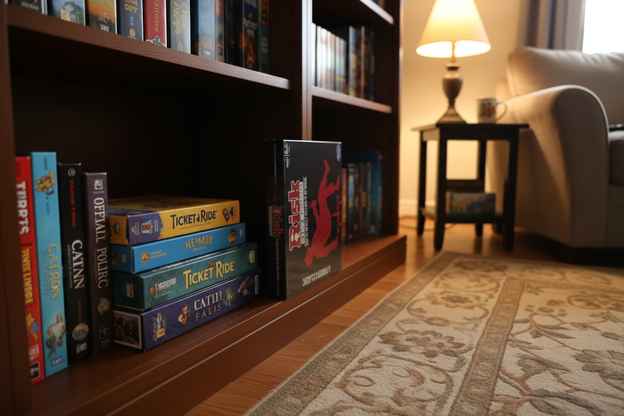 Risk Office Politics board game in cozy home game room bookshelf setting – More4less Outlet